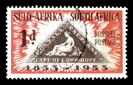 Cancelled postage stamp printed by South Africa, that shows First postage stamp, circa 1953.