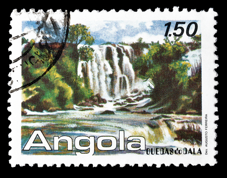Cancelled postage stamp printed by Angola, that shows Dala waterfalls, circa 1987.のeditorial素材