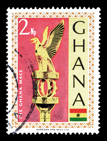 Cancelled postage stamp printed by Ghana, that shows Ghana mace, circa 1967.のeditorial素材