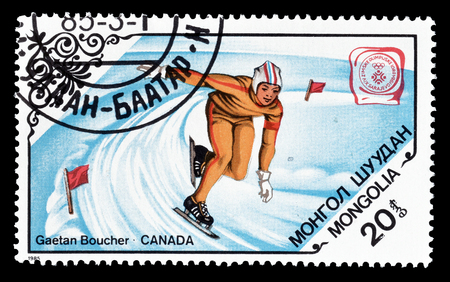Cancelled postage stamp printed by Mongolia, that shows Ice skater, circa 1985.のeditorial素材