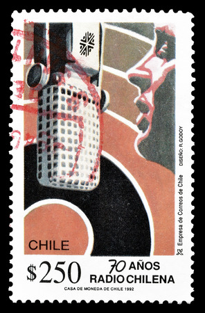Cancelled postage stamp printed by Chile, that shows Radio station, circa 1992.のeditorial素材