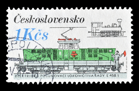 Cancelled postage stamp printed by Czechoslovakia, that shows Locomotive, circa 1986.のeditorial素材