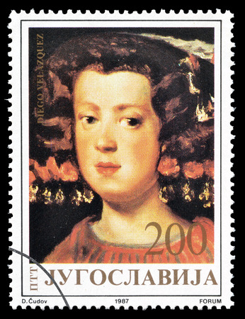 Cancelled postage stamp printed by Yugoslavia, that shows Painting by Diego Velazguez, circa 1987.のeditorial素材