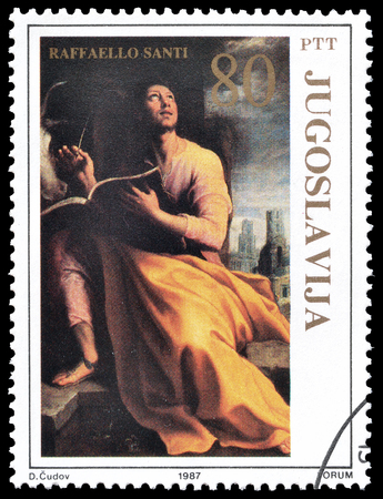 Cancelled postage stamp printed by Yugoslavia, that shows Painting by Raffaelo Santi, circa 1987.のeditorial素材