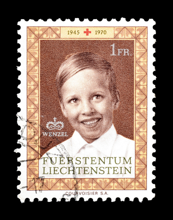 Cancelled postage stamp printed by Liechtenstein, that shows Prince Wenzel, circa 1970.のeditorial素材