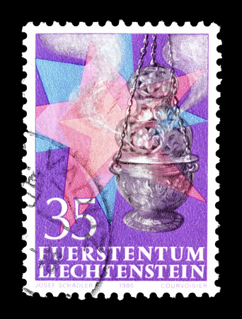 Cancelled postage stamp printed by Liechtenstein, that shows Christmas, circa 1985.のeditorial素材
