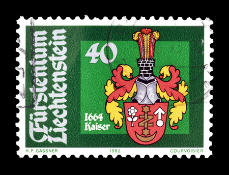 Cancelled postage stamp printed by Liechtenstein, that shows Coat of arms, circa 1980.のeditorial素材