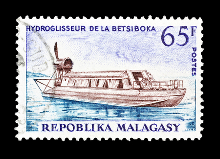 Cancelled postage stamp printed by Madagascar, that shows Hydrofoil, circa 1966.のeditorial素材