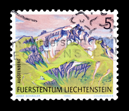 Cancelled postage stamp printed by Liechtenstein, that shows  mountain, circa 1990.のeditorial素材