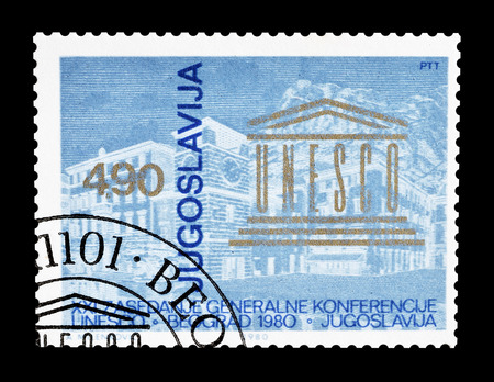 Cancelled postage stamp printed by Yugoslavia, that shows UNESCO Conference in Kotor, circa 1980.のeditorial素材