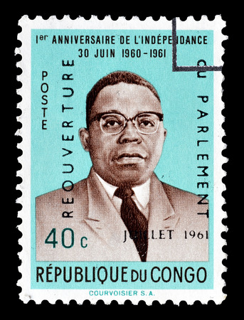 Cancelled stamp printed by Congo, that shows President Casavubu, circa 1961.のeditorial素材