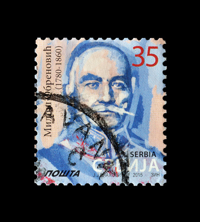 Cancelled postage stamp printed by Serbia, that shows Milos Obrenovic, circa 2015.のeditorial素材