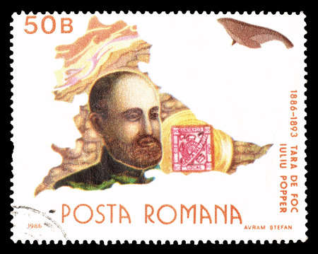 Cancelled postage stamp printed by Romania, that shows Iuliu Popper, circa 1986.のeditorial素材