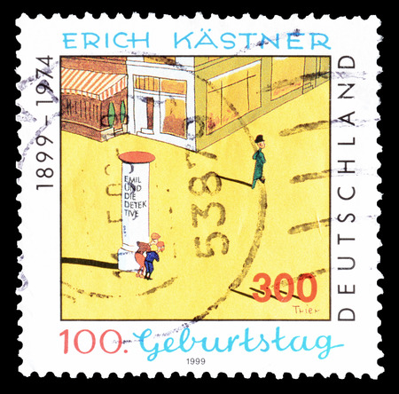 Cancelled postage stamp printed by Germany, that shows Erich Kastner, circa 1999.のeditorial素材
