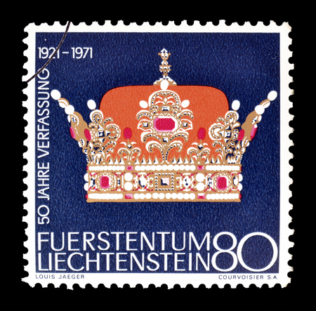 Cancelled postage stamp printed by Liechtenstein, that shows Crown, circa 1971.のeditorial素材