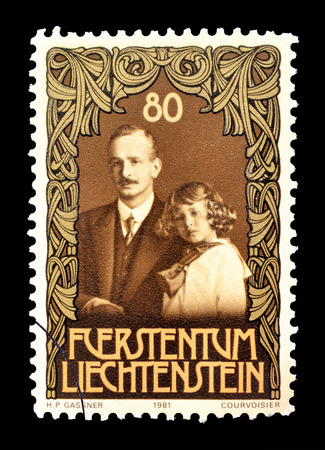Cancelled postage stamp printed by Liechtenstein, that shows Franz Josef II, circa 1981.のeditorial素材