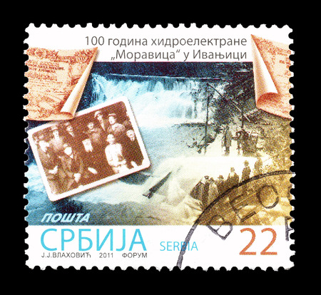 Cancelled postage stamp printed by Serbia, that shows Dam Moravica, circa 2011.のeditorial素材