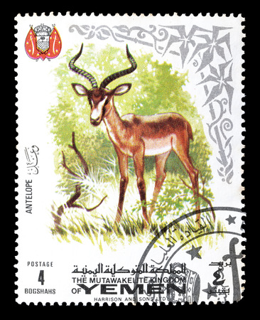 Cancelled postage stamp printed by Yemen, that shows Antelope, circa 1969.のeditorial素材