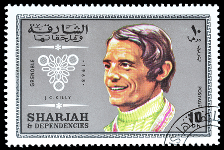 Cancelled postage stamp printed by Sharjah, that shows Killy, circa 1968.のeditorial素材