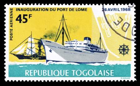 Cancelled postage stamp printed by Togo, that shows ships, circa 1968.のeditorial素材