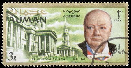 Cancelled postage stamp printed by Ajman, that shows Winston Churchill and National library, circa 1966.のeditorial素材