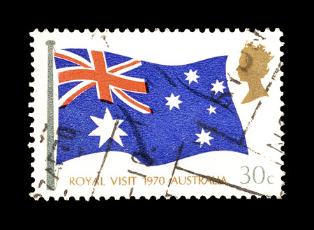 Cancelled postage stamp printed by Australia, that shows Flag, circa 1970.のeditorial素材