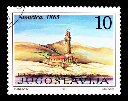 Cancelled postage stamp printed by Yugoslavia, that shows  Lighthouse Stoncica, circa 1991.