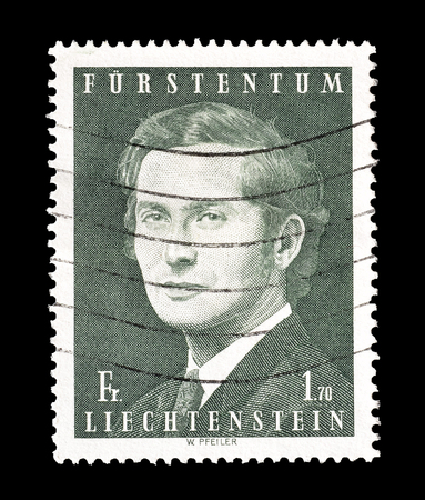 Cancelled postage stamp printed by Liechtenstein, that shows Prince Hans Adam, circa 1974.のeditorial素材