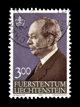 Cancelled postage stamp printed by Liechtenstein, that shows Franz Josef, circa 1963.のeditorial素材