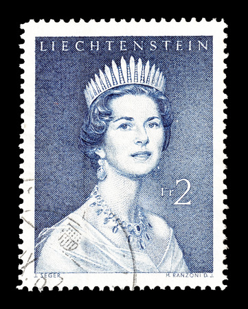 Cancelled postage stamp printed by Liechtenstein, that shows Gina Von Liechtenstein, circa 1960.のeditorial素材