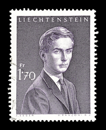 Cancelled postage stamp printed by Liechtenstein, that shows Hans Adam Pius, circa 1964.のeditorial素材