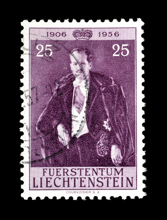 Cancelled postage stamp printed by Liechtenstein, that shows Franz Josef, circa 1956.のeditorial素材