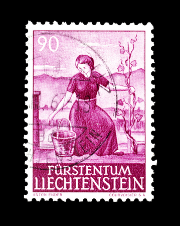 Cancelled postage stamp printed by Liechtenstein, that shows Agriculture, circa 1961.のeditorial素材