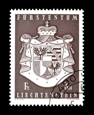 Cancelled postage stamp printed by Liechtenstein, that shows Coat of arms, circa 1969.のeditorial素材