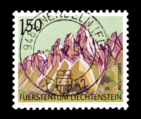 Cancelled postage stamp printed by Liechtenstein, that shows  Mountains, circa 1989.のeditorial素材