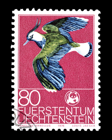 Cancelled postage stamp printed by Liechtenstein, that shows Northern Lapwing, circa 1976.のeditorial素材