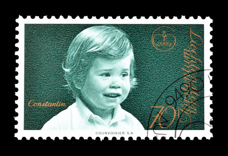 Cancelled postage stamp printed by Liechtenstein, that shows Prince Constantin, circa 1975.のeditorial素材