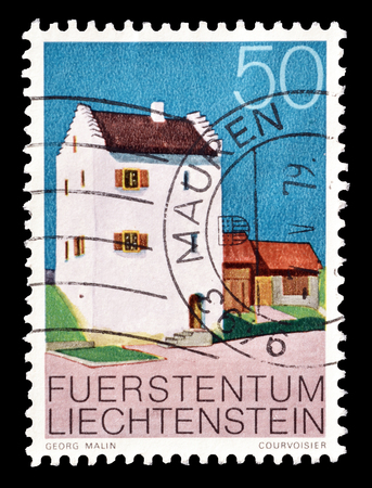 Cancelled postage stamp printed by Liechtenstein, that shows Residence tower Balzers, circa 1978.のeditorial素材