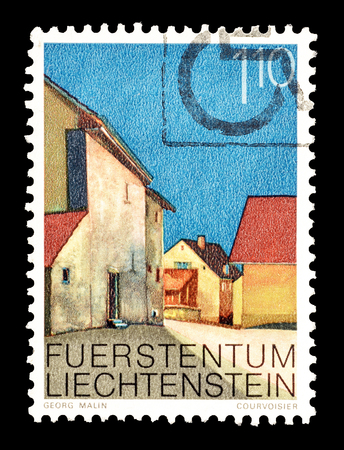 Cancelled postage stamp printed by Liechtenstein, that shows Vaduz Middle village, circa 1978.のeditorial素材