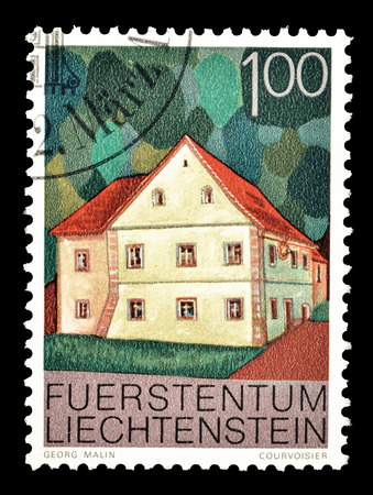 Cancelled postage stamp printed by Liechtenstein, that shows Music school Rheinbergerhaus Vaduz, circa 1978.のeditorial素材