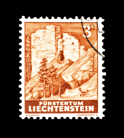 Cancelled postage stamp printed by Liechtenstein, that shows Landscape, circa 1937.のeditorial素材