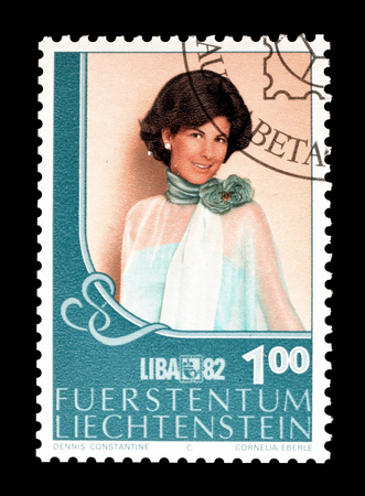 Cancelled postage stamp printed by Liechtenstein, that shows Princess Marie, circa 1982.のeditorial素材