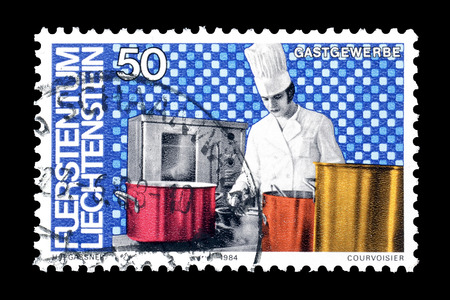 Cancelled postage stamp printed by Liechtenstein, that shows Cook, circa 1984.のeditorial素材