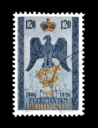Cancelled postage stamp printed by Liechtenstein, that shows Coat of arms, circa 1956.のeditorial素材