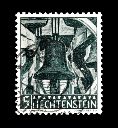 Cancelled postage stamp printed by Liechtenstein, that shows Bell, circa 1959.のeditorial素材