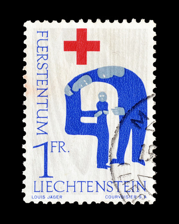 Cancelled postage stamp printed by Liechtenstein, that shows Figures, circa 1963.のeditorial素材