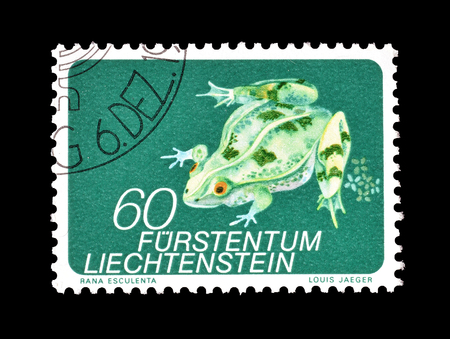 Cancelled postage stamp printed by Liechtenstein, that shows Frog, circa 1973.のeditorial素材