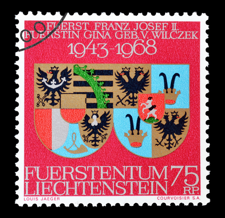 Cancelled postage stamp printed by Liechtenstein, that shows Coat of arms, circa 1968.のeditorial素材