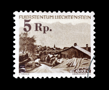 Cancelled postage stamp printed by Liechtenstein, that shows Planken, circa 1944.のeditorial素材