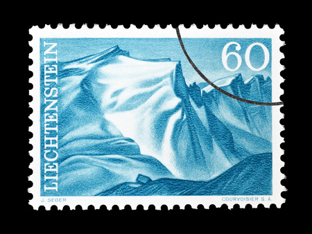 Cancelled postage stamp printed by Liechtenstein, that shows Naafkopf Falknis, circa 1959.のeditorial素材